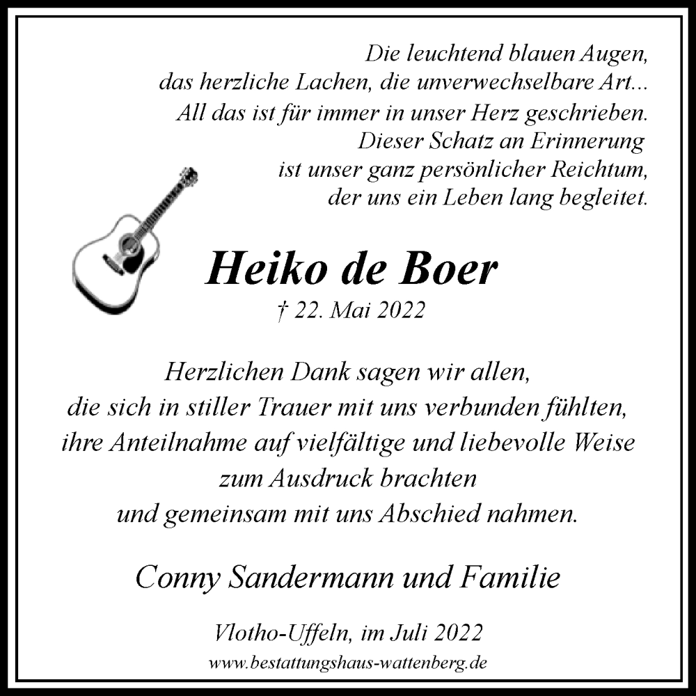  Traueranzeige für Heiko de Boer vom 02.07.2022 aus Westfalen-Blatt