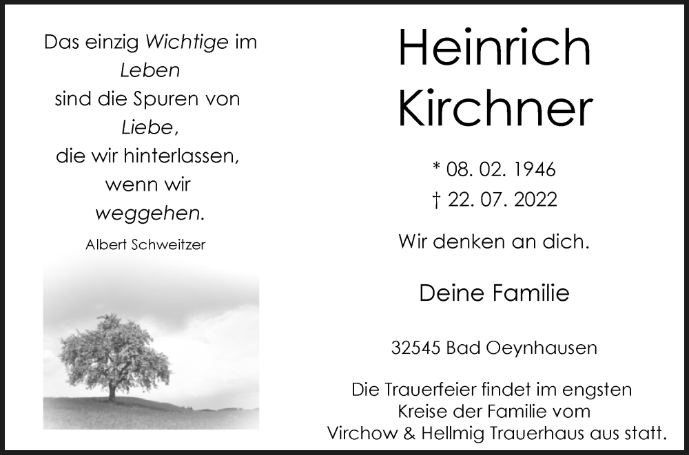  Traueranzeige für Heinrich Kirchner vom 26.07.2022 aus Westfalen-Blatt