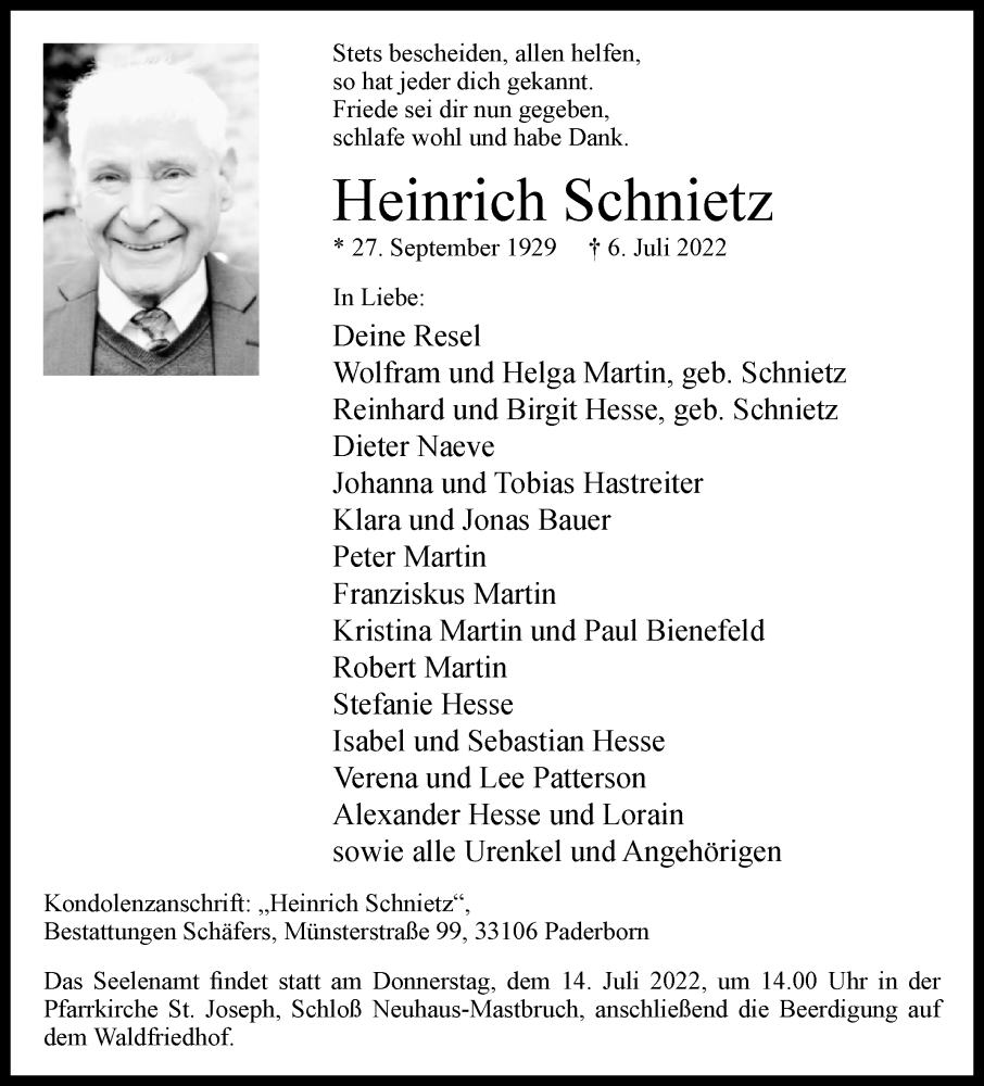  Traueranzeige für Heinrich Schnietz vom 12.07.2022 aus Westfalen-Blatt
