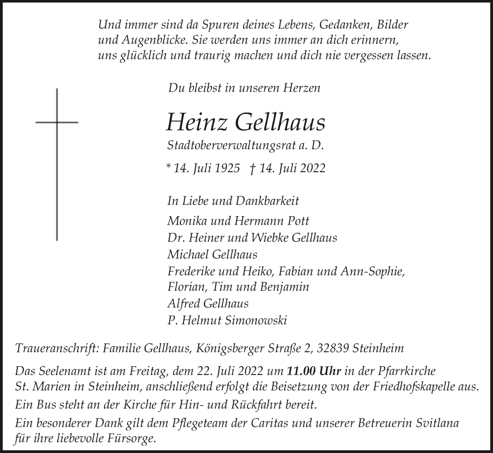  Traueranzeige für Heinz Gellhaus vom 16.07.2022 aus Westfalen-Blatt