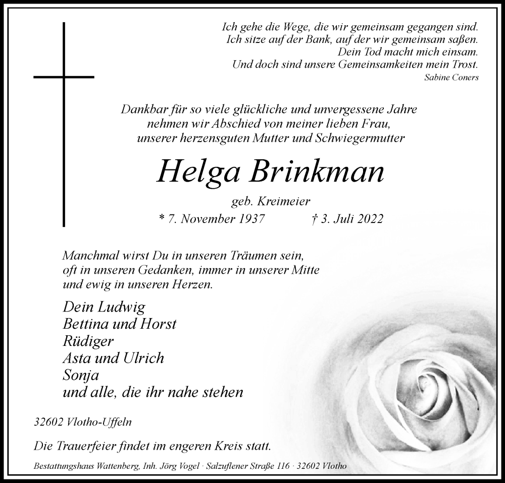  Traueranzeige für Helga Brinkman vom 05.07.2022 aus Westfalen-Blatt