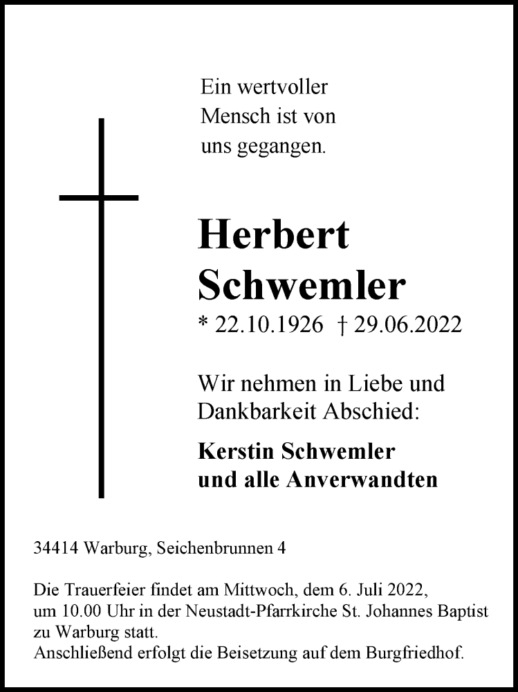  Traueranzeige für Herbert Schwemler vom 05.07.2022 aus Westfalen-Blatt