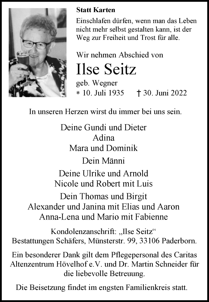 Traueranzeige für Ilse Seitz vom 06.07.2022 aus Westfalen-Blatt