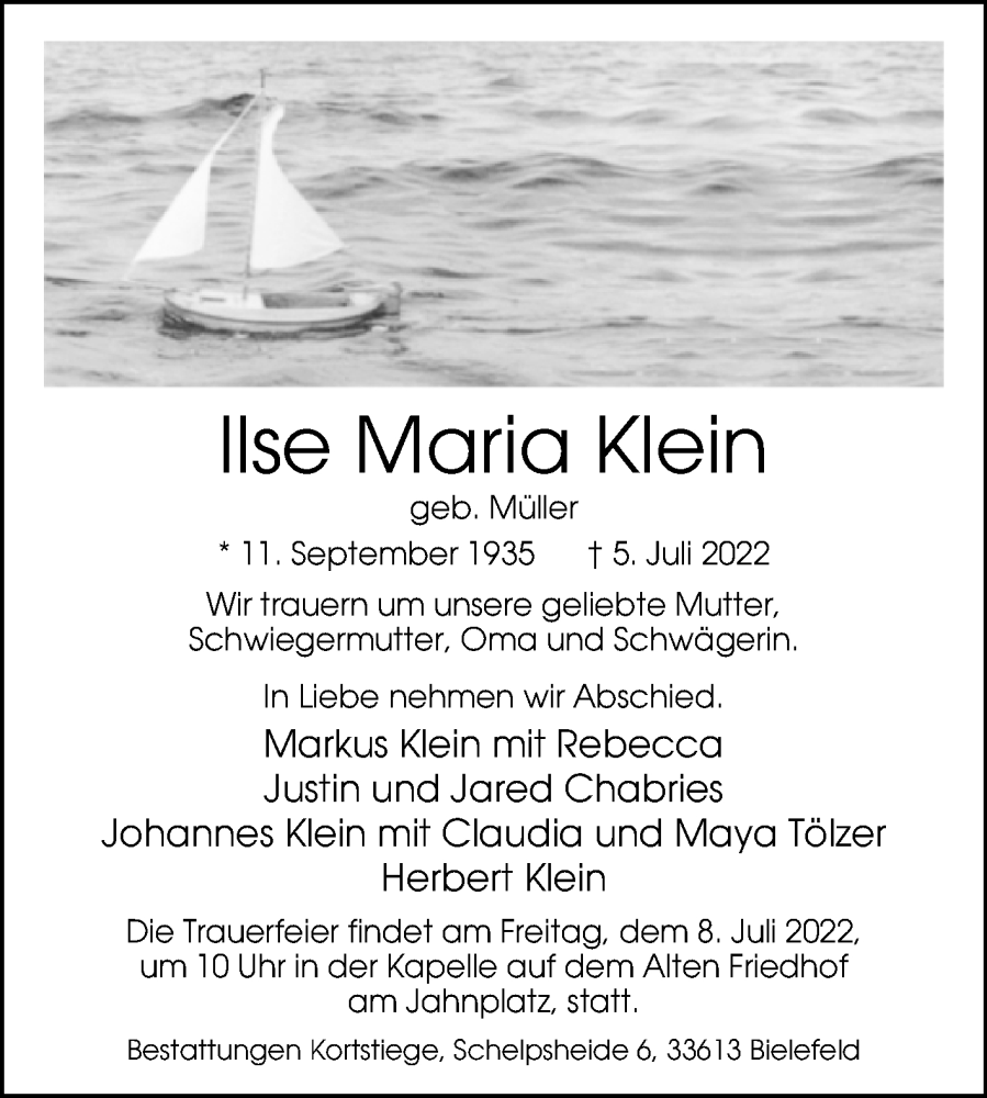  Traueranzeige für Ilse Maria Klein vom 07.07.2022 aus Westfalen-Blatt