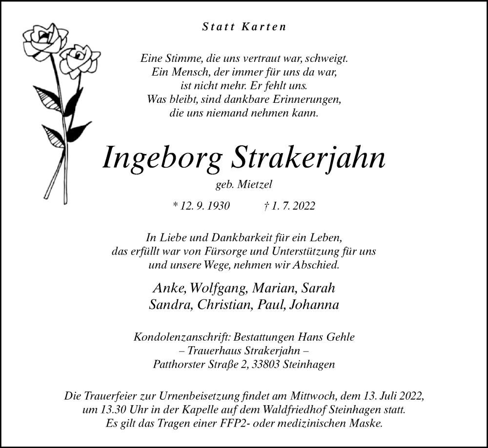  Traueranzeige für Ingeborg Strakerjahn vom 07.07.2022 aus Westfalen-Blatt