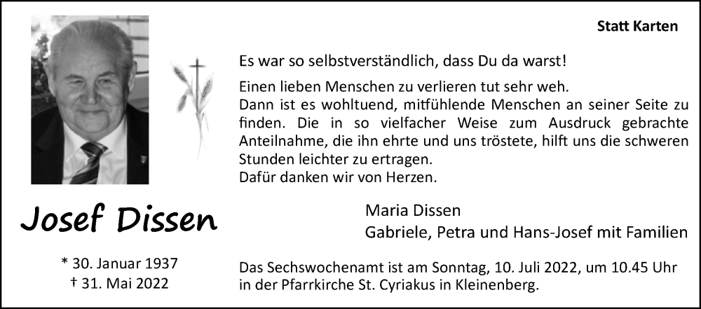  Traueranzeige für Josef Dissen vom 02.07.2022 aus Westfalen-Blatt