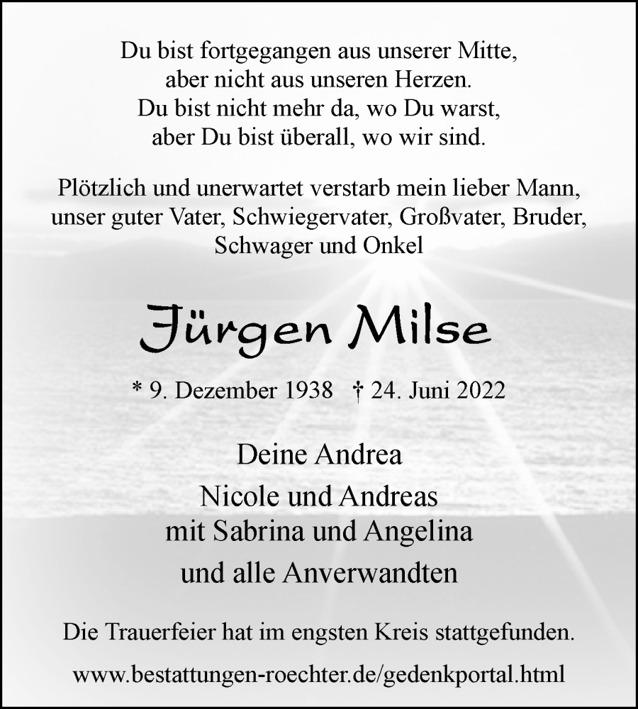  Traueranzeige für Jürgen Milse vom 02.07.2022 aus Westfalen-Blatt