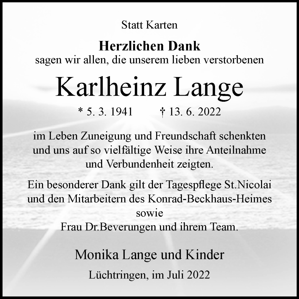  Traueranzeige für Karlheinz Lange vom 16.07.2022 aus Westfalen-Blatt