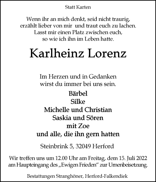 Traueranzeige von Karlheinz Lorenz von Westfalen-Blatt