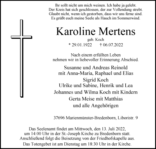 Traueranzeige von Karoline Mertens von Westfalen-Blatt