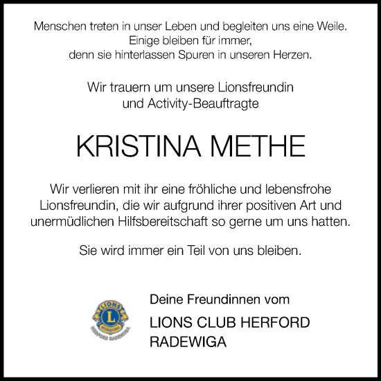 Traueranzeige von Kristina Methe von Westfalen-Blatt