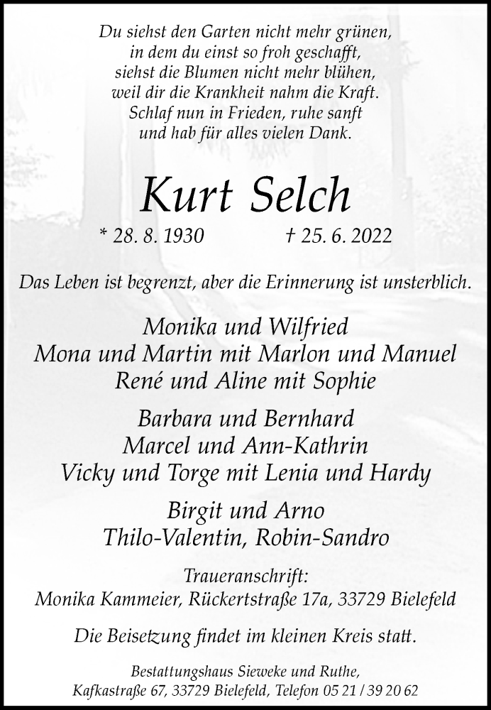 Traueranzeige für Kurt Selch vom 02.07.2022 aus Westfalen-Blatt