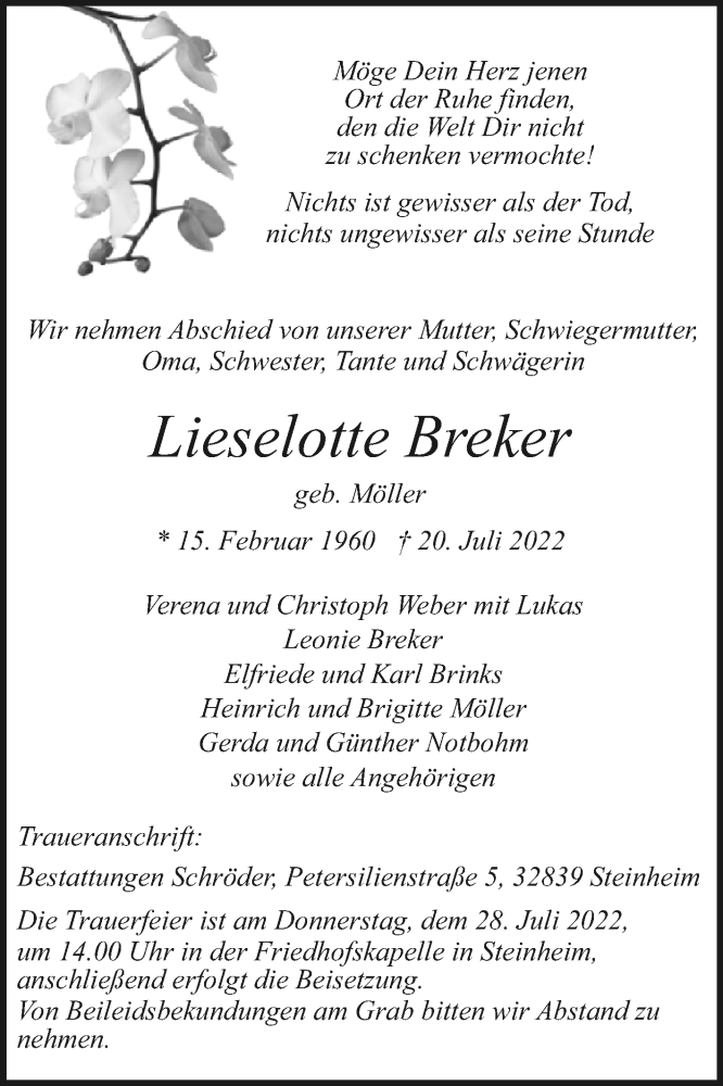  Traueranzeige für Lieselotte Breker vom 27.07.2022 aus Westfalen-Blatt