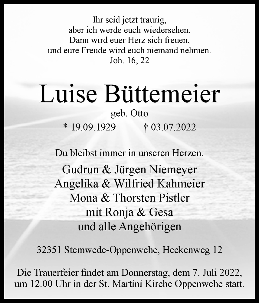  Traueranzeige für Luise Büttemeier vom 06.07.2022 aus Westfalen-Blatt
