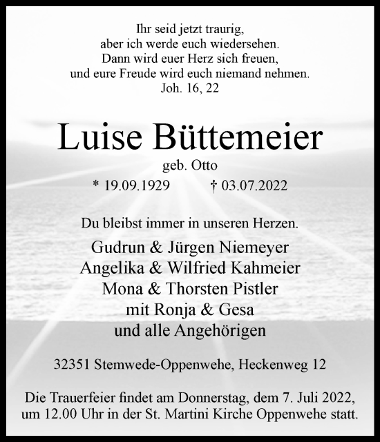 Traueranzeige von Luise Büttemeier von Westfalen-Blatt