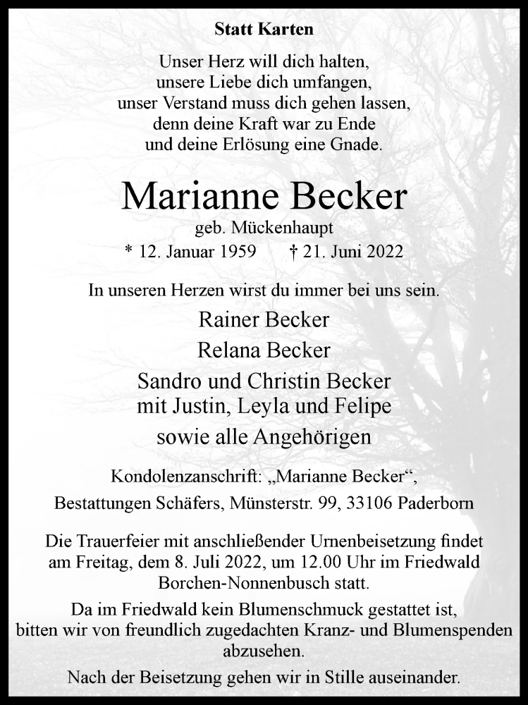  Traueranzeige für Marianne Becker vom 02.07.2022 aus Westfalen-Blatt