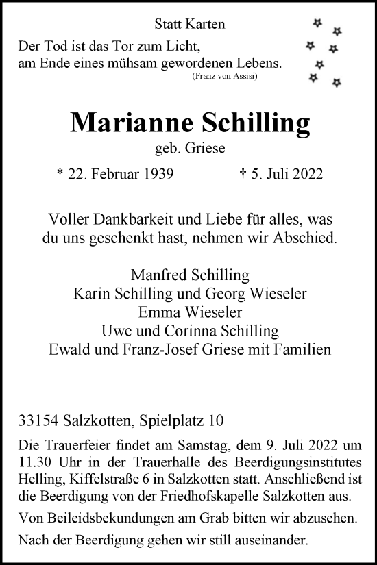 Traueranzeige von Marianne Schilling von Westfalen-Blatt