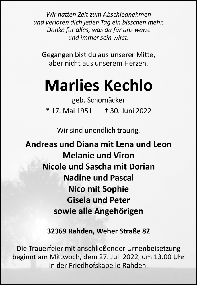  Traueranzeige für Marlies Kechlo vom 02.07.2022 aus Westfalen-Blatt