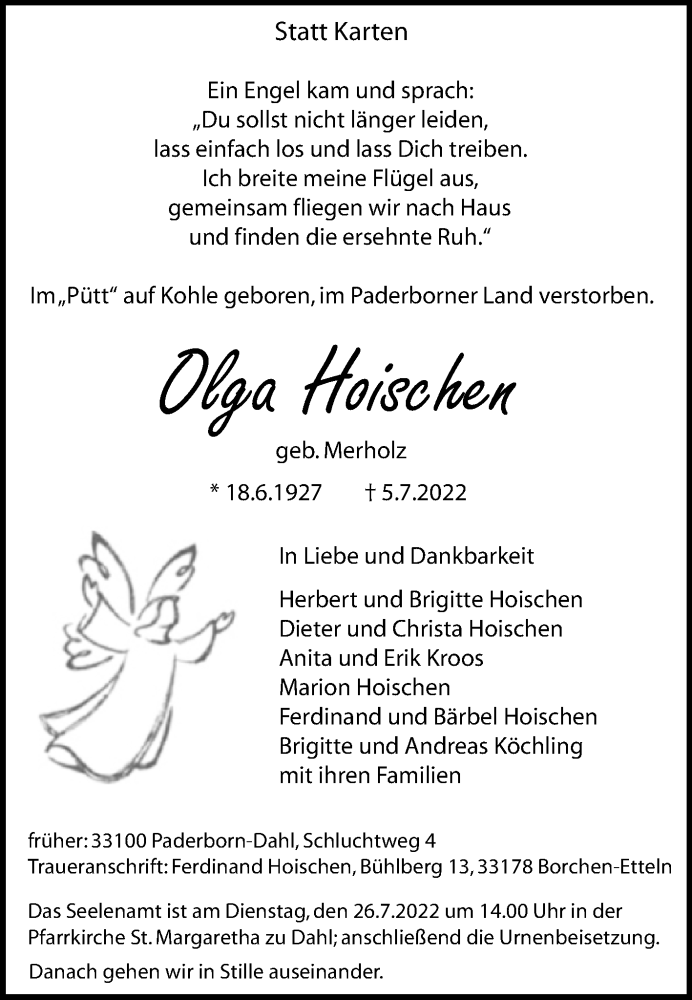 Traueranzeige für Olga Hoischen vom 09.07.2022 aus Westfalen-Blatt