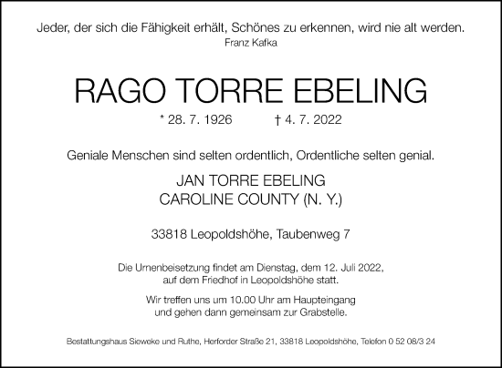 Traueranzeige von Rago Ebeling von Westfalen-Blatt