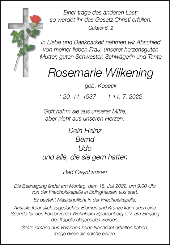 Traueranzeige von Rosemarie Wilkening von Westfalen-Blatt