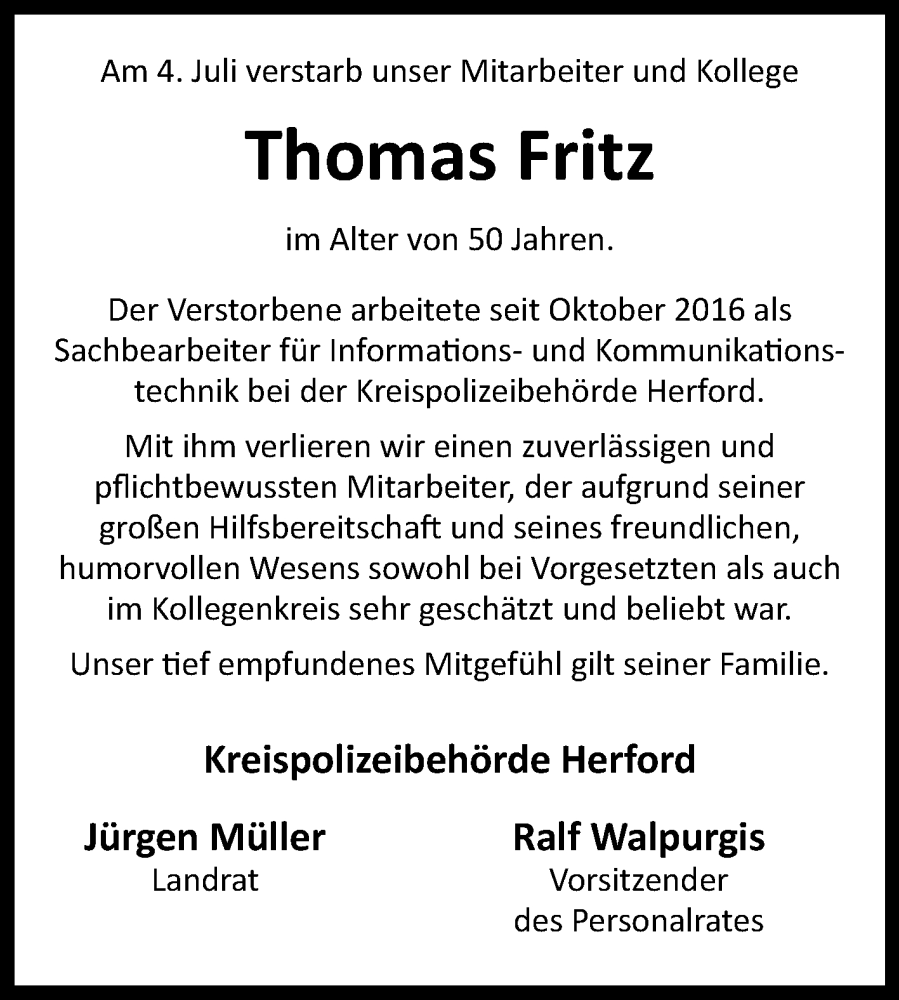  Traueranzeige für Thomas Fritz vom 12.07.2022 aus Westfalen-Blatt
