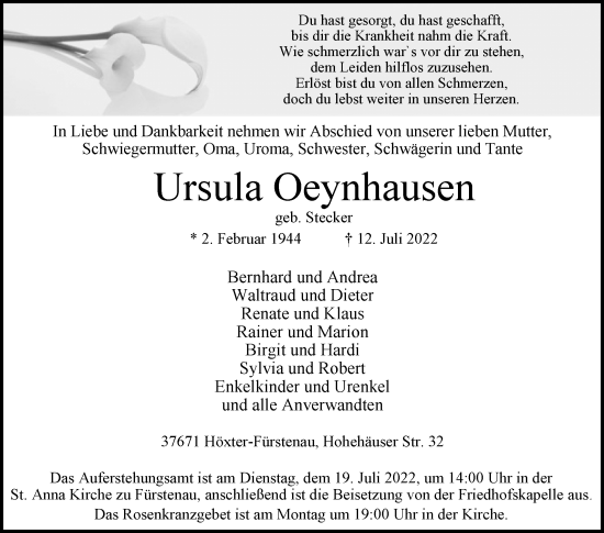 Traueranzeige von Ursula Oeynhausen von Westfalen-Blatt