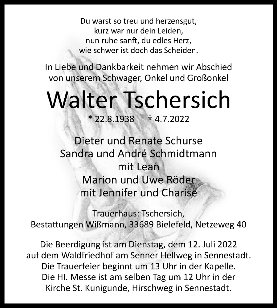 Traueranzeige für Walter Tschersich vom 09.07.2022 aus Westfalen-Blatt