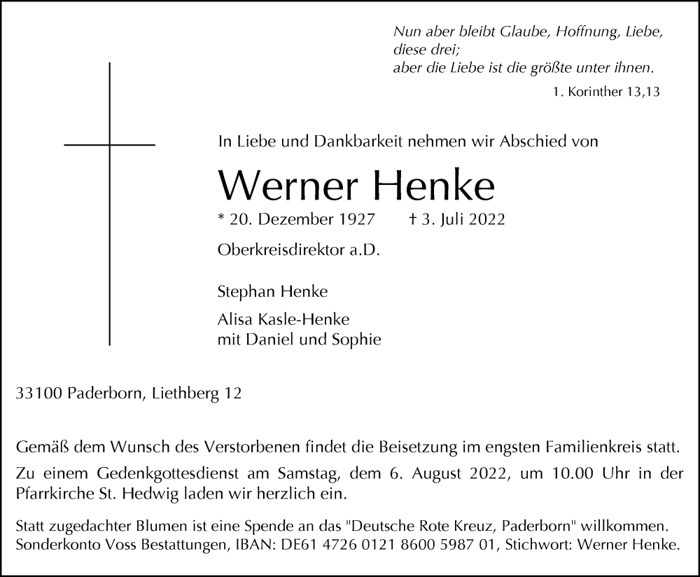 Traueranzeige für Werner Henke vom 09.07.2022 aus Westfalen-Blatt
