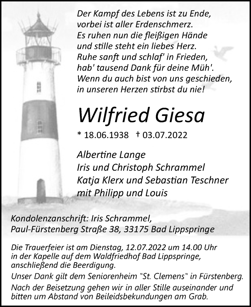  Traueranzeige für Wilfried Giesa vom 07.07.2022 aus Westfalen-Blatt