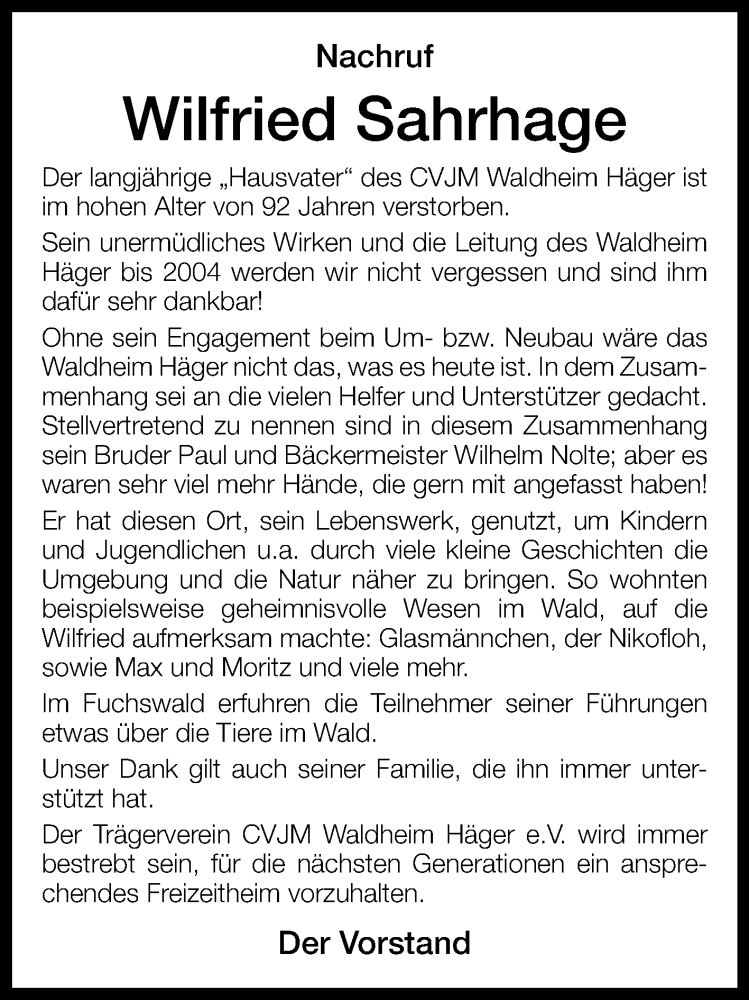  Traueranzeige für Wilfried Sahrhage vom 01.07.2022 aus Westfalen-Blatt