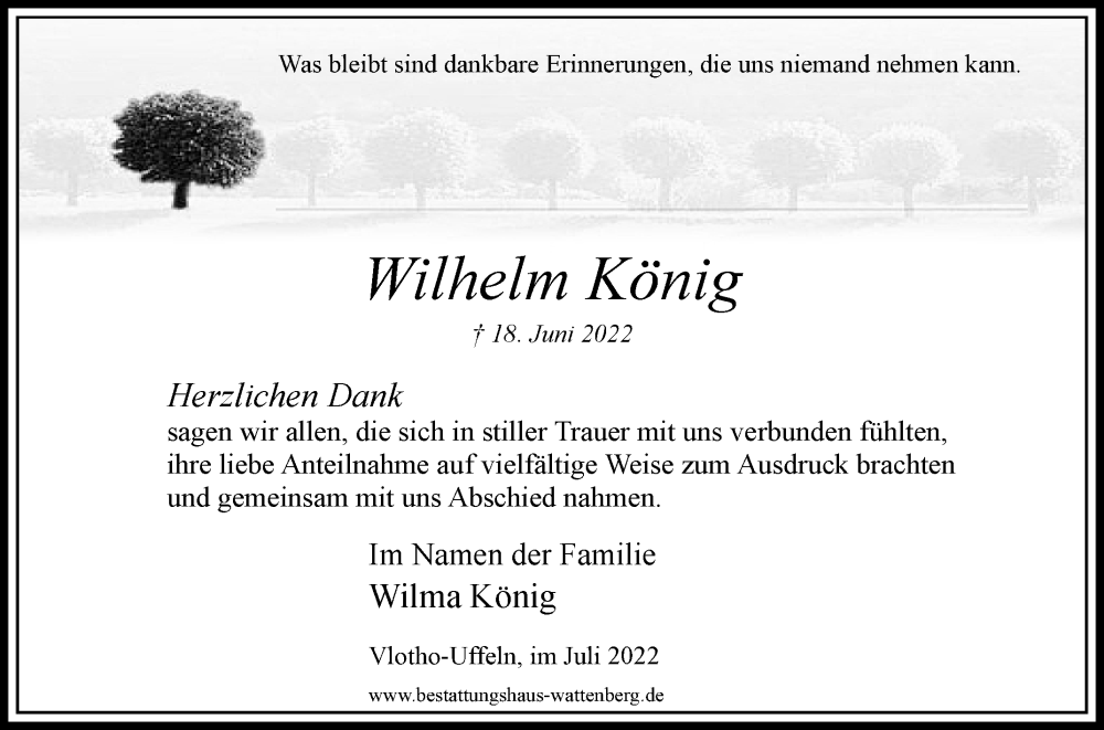  Traueranzeige für Wilhelm König vom 16.07.2022 aus Westfalen-Blatt