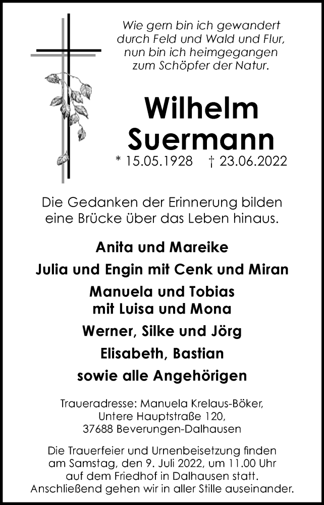  Traueranzeige für Wilhelm Suermann vom 06.07.2022 aus Westfalen-Blatt