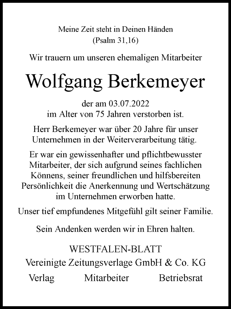  Traueranzeige für Wolfgang Berkemeyer vom 06.07.2022 aus Westfalen-Blatt