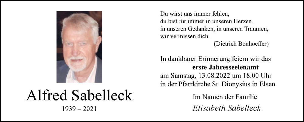  Traueranzeige für Alfred Sabelleck vom 06.08.2022 aus Westfalen-Blatt