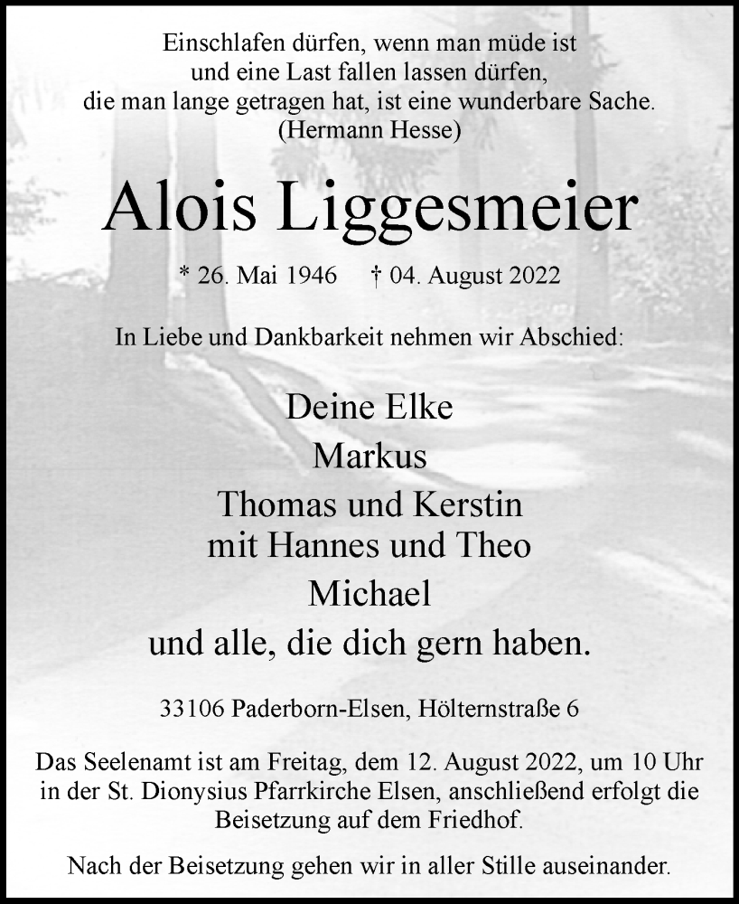  Traueranzeige für Alois Liggesmeier vom 10.08.2022 aus Westfalen-Blatt