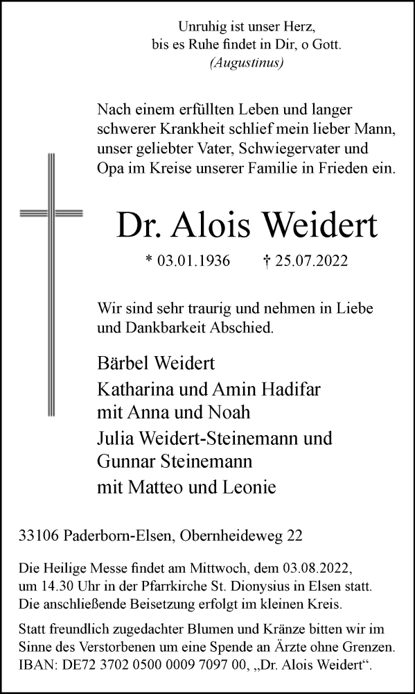  Traueranzeige für Alois Weidert vom 30.07.2022 aus Westfalen-Blatt