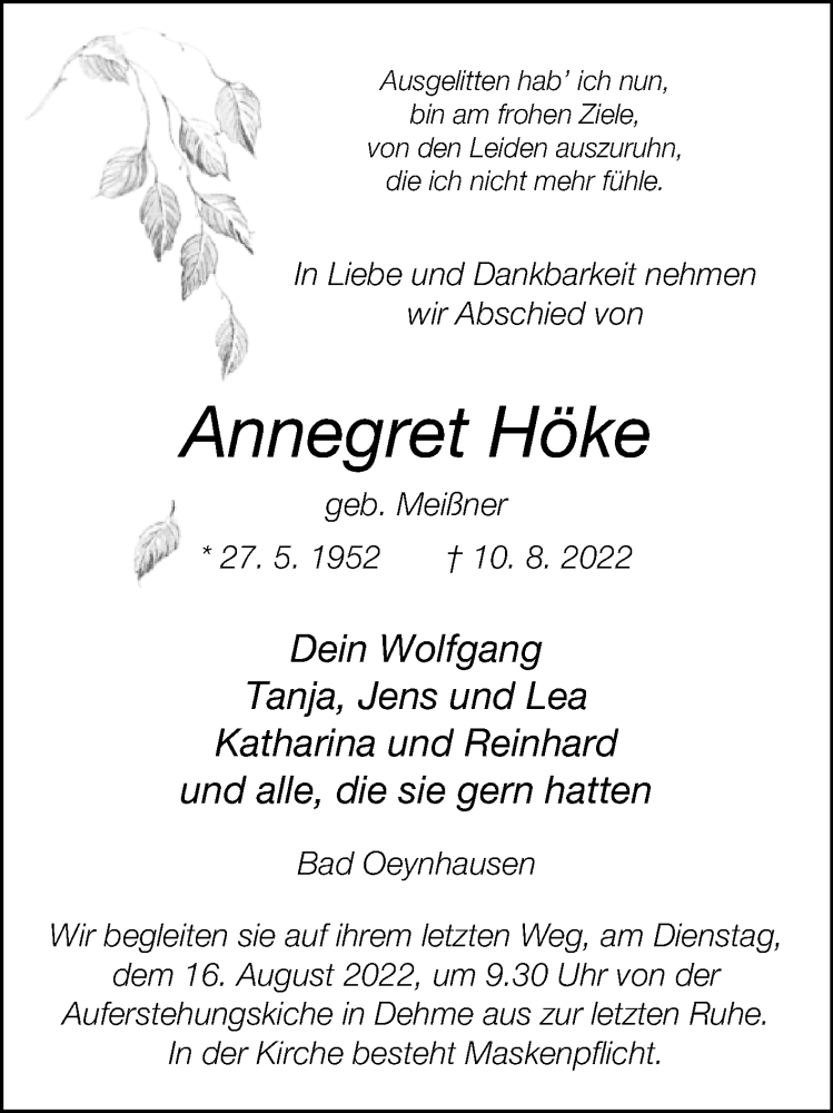  Traueranzeige für Annegret Höke vom 13.08.2022 aus Westfalen-Blatt