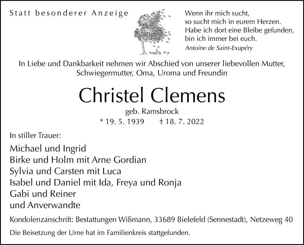  Traueranzeige für Christel Clemens vom 06.08.2022 aus Westfalen-Blatt