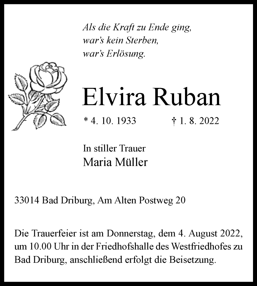  Traueranzeige für Elvira Ruban vom 03.08.2022 aus Westfalen-Blatt