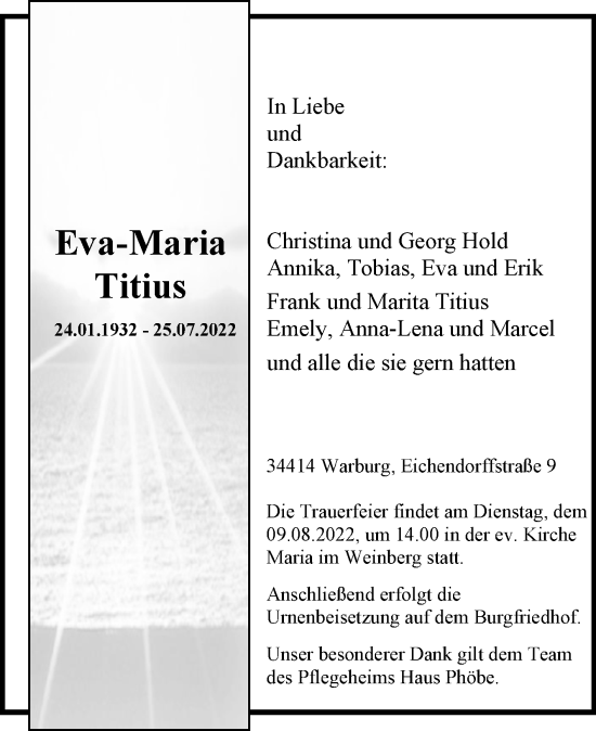 Traueranzeige von Eva-Maria Titius von Westfalen-Blatt