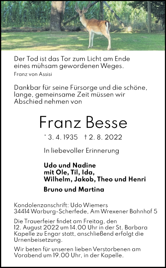 Traueranzeige von Franz Besse von Westfalen-Blatt