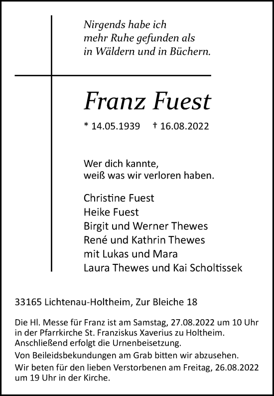 Traueranzeige von Franz Fuest von Westfalen-Blatt