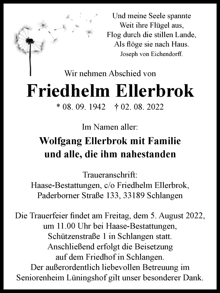  Traueranzeige für Friedhelm Ellerbrok vom 04.08.2022 aus Westfalen-Blatt