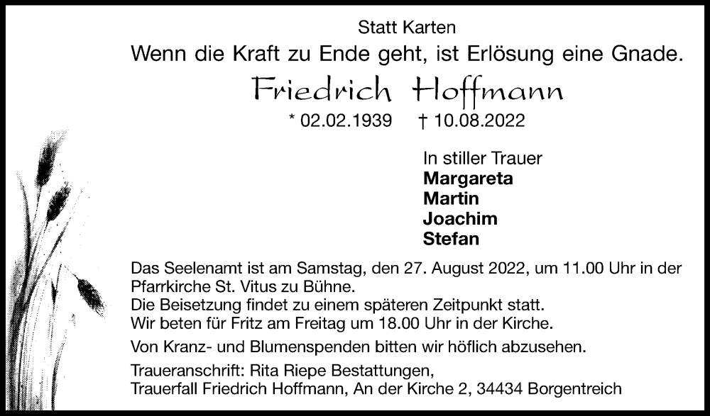  Traueranzeige für Friedrich Hoffmann vom 20.08.2022 aus Westfalen-Blatt