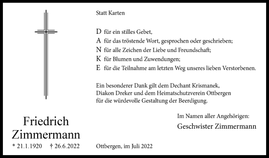 Traueranzeige von Friedrich Zimmermann von Westfalen-Blatt