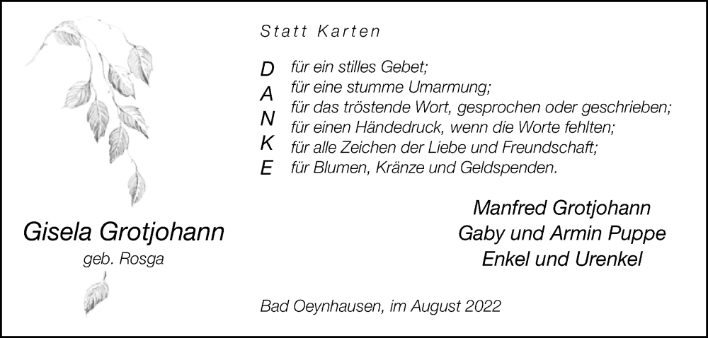  Traueranzeige für Gisela Grotjohann vom 06.08.2022 aus Westfalen-Blatt