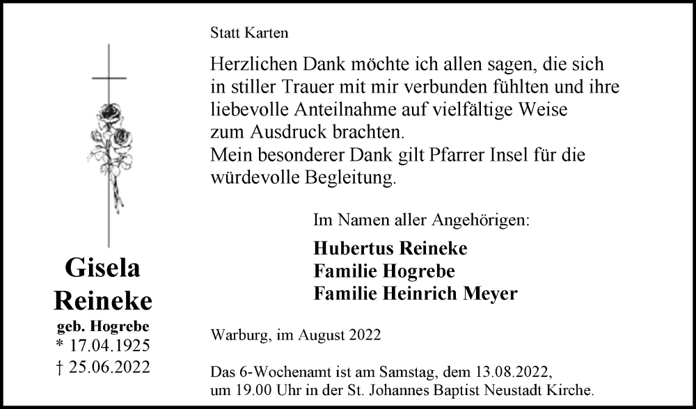  Traueranzeige für Gisela Reineke vom 06.08.2022 aus Westfalen-Blatt