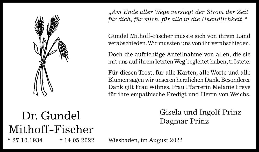  Traueranzeige für Gundel Mithoff-Fischer vom 13.08.2022 aus Westfalen-Blatt