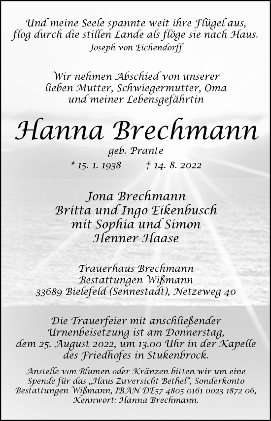Traueranzeige von Hanna Brechmann von Westfalen-Blatt